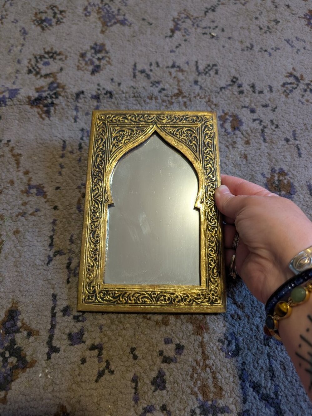 Brass Etched Mirror Elegant Swirling Design Moroccan Inspired Small 5x8
